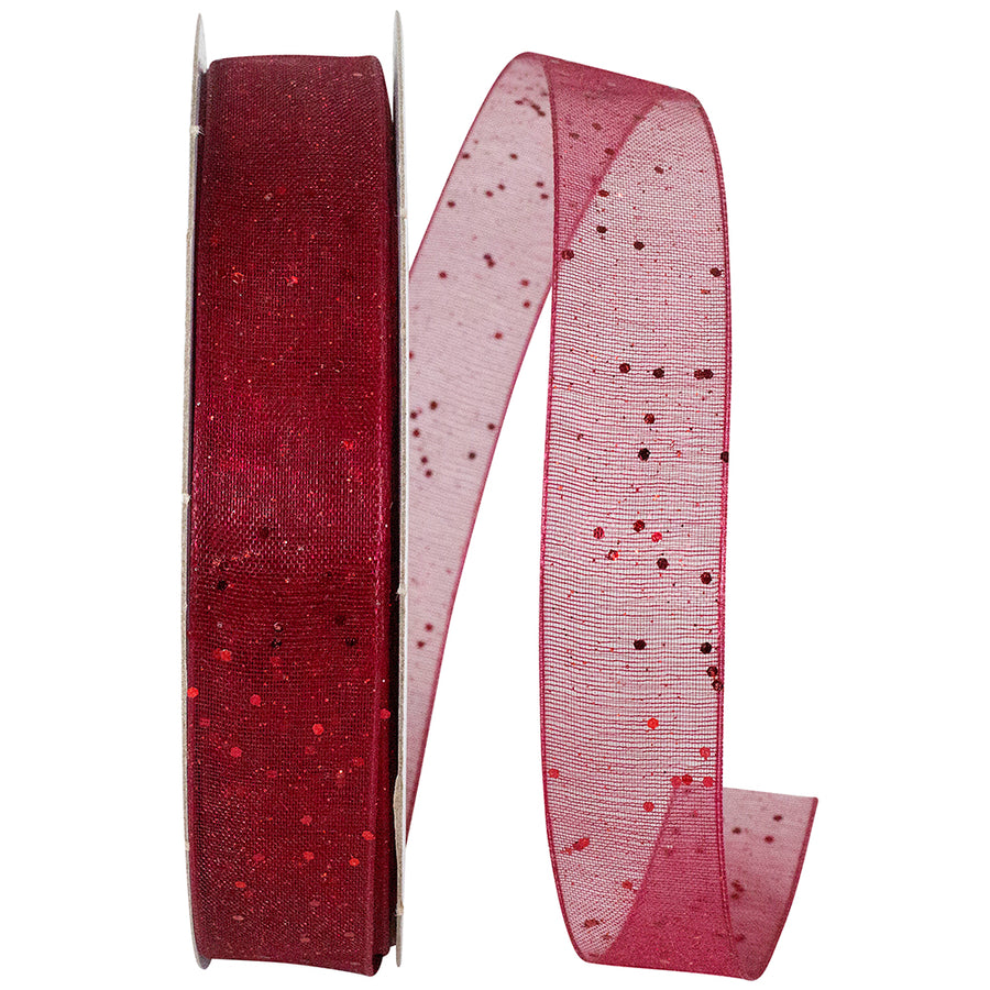 Glitter Mono Sheer Ribbon Scarlet 5/8 Inch for Wreaths