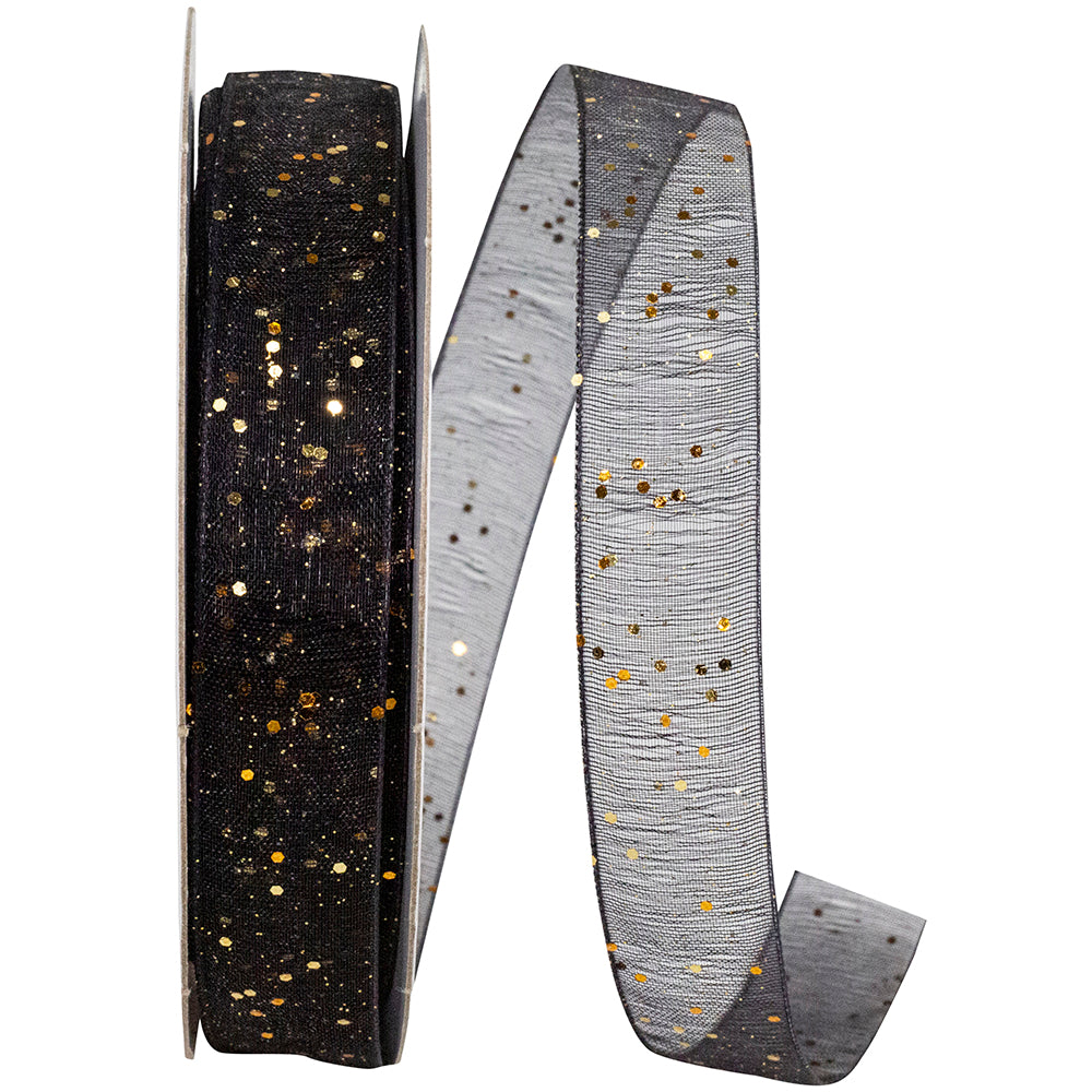 Glitter Mono Sheer Ribbon Black Gold 5/8 Inch 25Yds