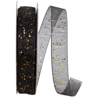 Glitter Mono Sheer Ribbon Black Gold 5/8 Inch 25Yds
