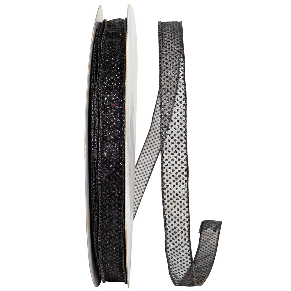 Black Sheer Glitter Dots Wired Edge Ribbon 5/8 Inch 50 Yards
