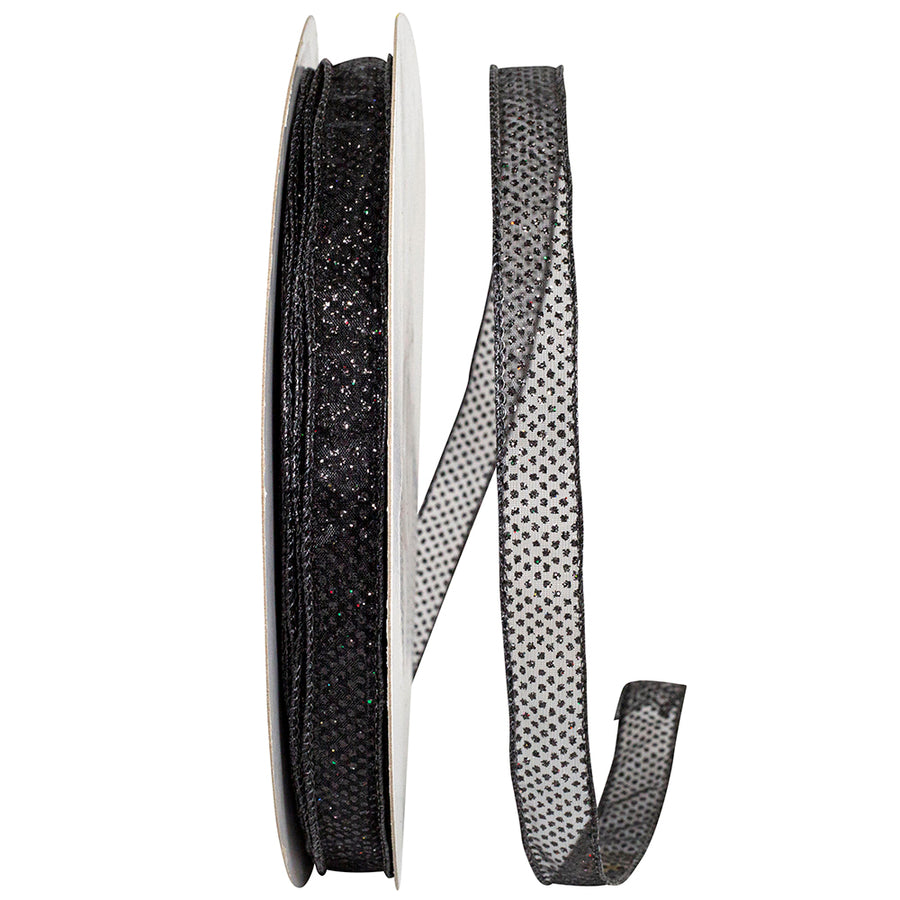 Black Sheer Glitter Dots Wired Edge Ribbon 5/8 Inch 50Yds