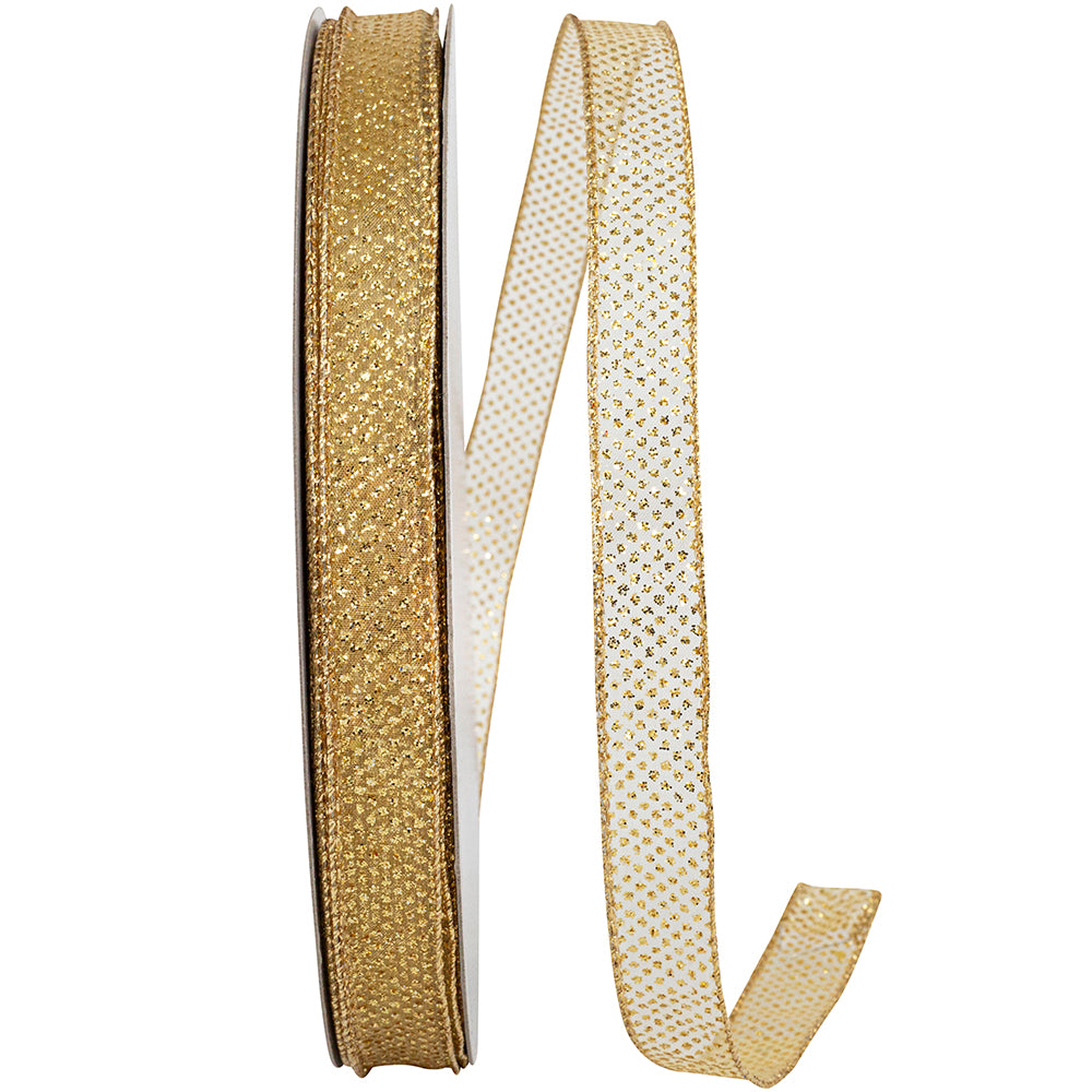 Gold Sheer Glitter Dots Wired Edge Ribbon 5/8 Inch