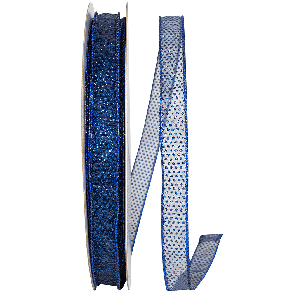 Navy Sheer Glitter Dots Wired Edge Ribbon 5/8 Inch