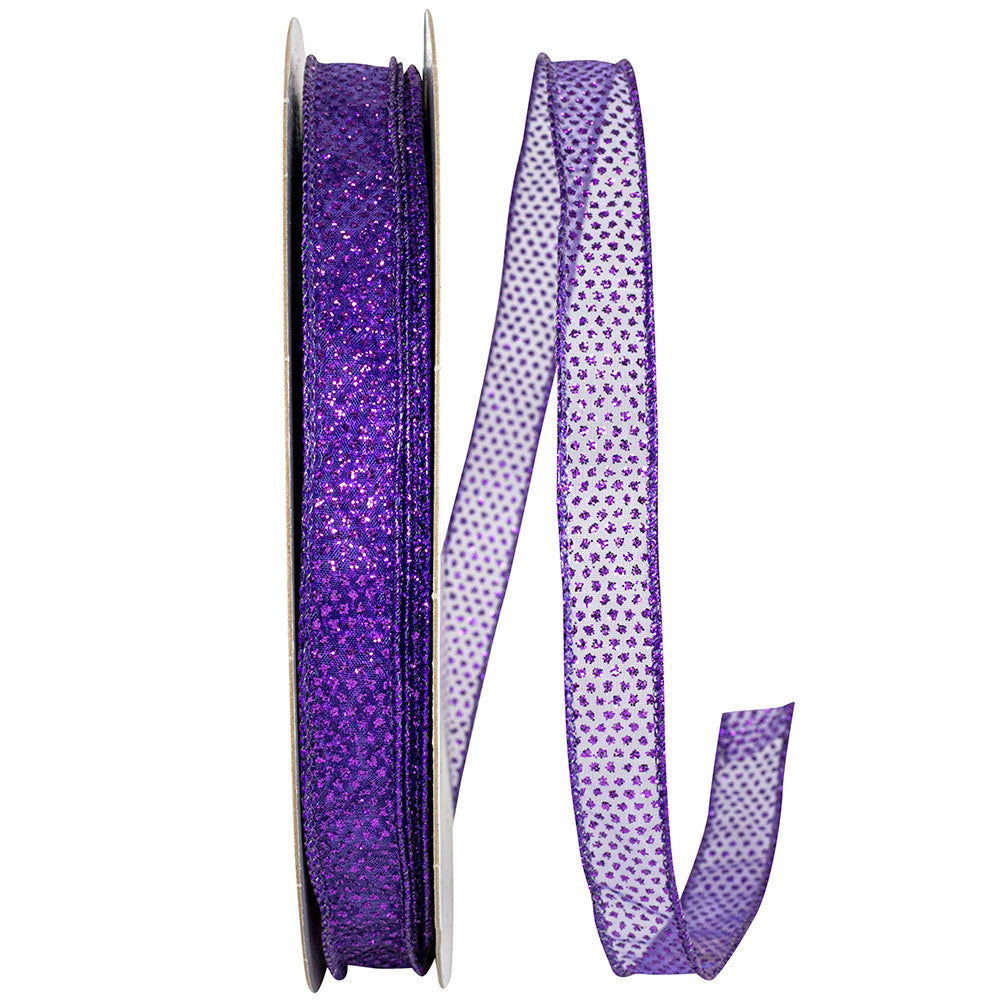 Purple Sheer Glitter Dots Wired Edge Ribbon 5/8 Inch
