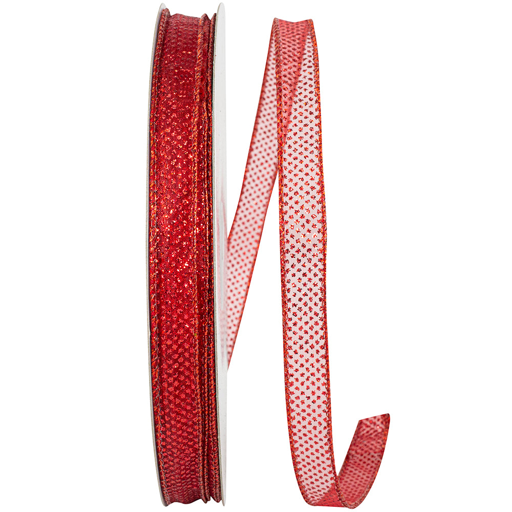 5/8 Inch Red Sheer Glitter Dots Wired Edge Ribbon