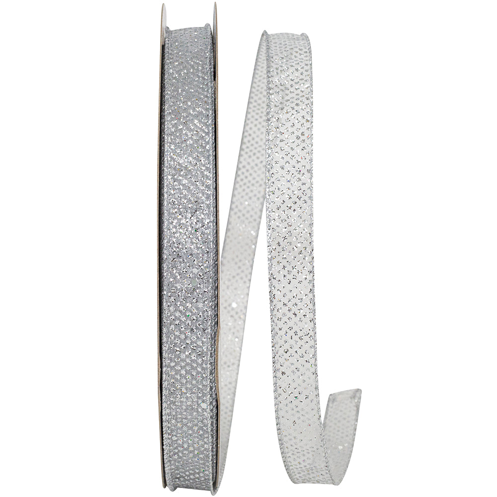 Silver Sheer Glitter Dots Wired Edge Ribbon 5/8 Inch