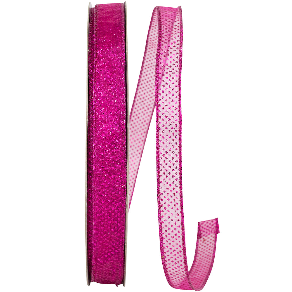 Fuchsia Sheer Glitter Dots Wired Edge Ribbon 5/8 Inch
