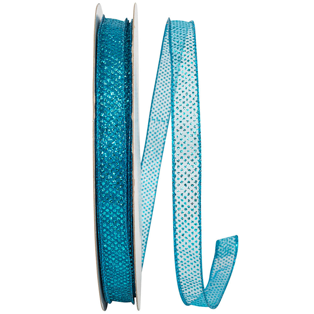 Turquoise Sheer Glitter Dots Wired Edge Ribbon 5/8 Inch
