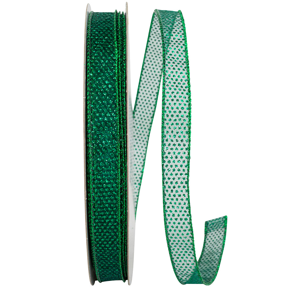 Hunter Sheer Glitter Dots Wired Edge Ribbon 5/8 Inch