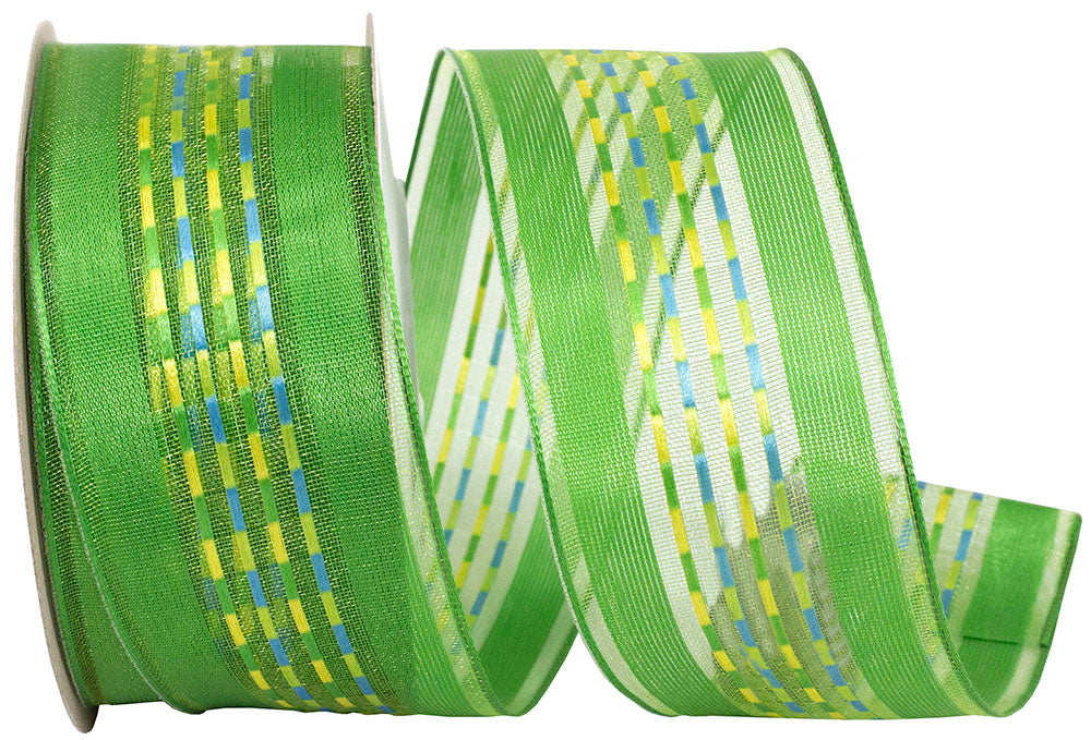 Green 1-1 2 Inch Sheer Ticking Stripe Wired Edge Ribbon for Wreaths & Bows