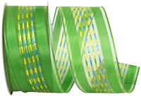 Green 1-1 2 Inch Sheer Ticking Stripe Wired Edge Ribbon for Wreaths & Bows