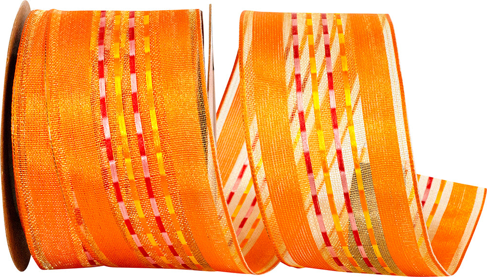 Orange 1-1 2 Inch Sheer Ticking Stripe Wired Edge Ribbon for Wreaths & Bows