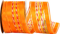 Orange 1-1 2 Inch Sheer Ticking Stripe Wired Edge Ribbon for Wreaths & Bows