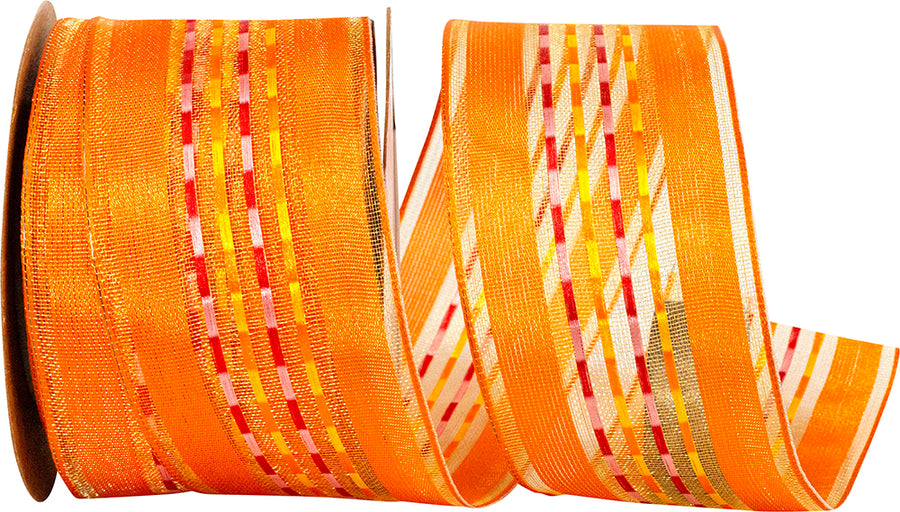 Orange 1-1 2 Inch Sheer Ticking Stripe Wired Edge Ribbon for Wreaths & Bows
