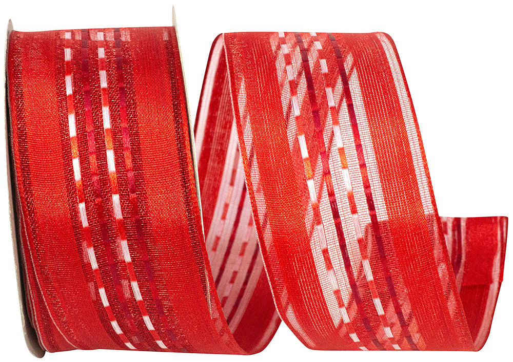 Red 1-1 2 Inch Sheer Ticking Stripe Wired Edge Ribbon for Wreaths & Bows