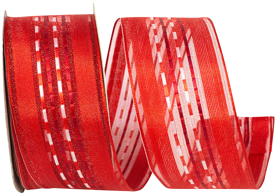 Red 1-1 2 Inch Sheer Ticking Stripe Wired Edge Ribbon for Wreaths & Bows