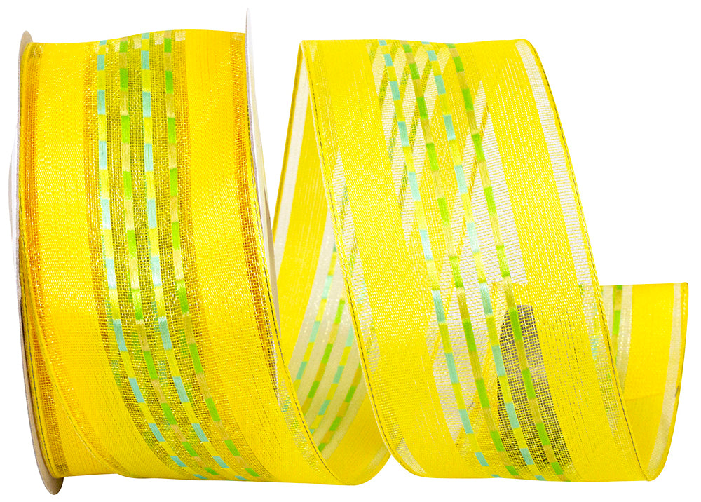 Yellow 1-1 2 Inch Sheer Ticking Stripe Wired Edge Ribbon for Wreaths & Bows
