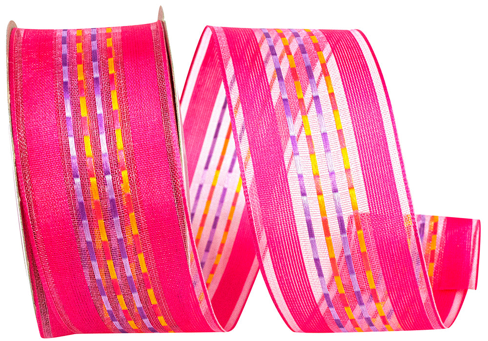 Fuchsia 1-1 2 Inch Sheer Ticking Stripe Wired Edge Ribbon for Wreaths & Bows