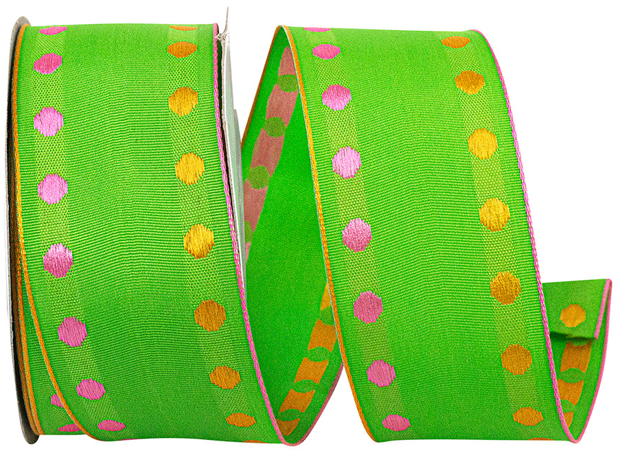 Lime 1-1 2 Inch Dots Delight Europa Wired Edge Ribbon for Wreaths & Bows