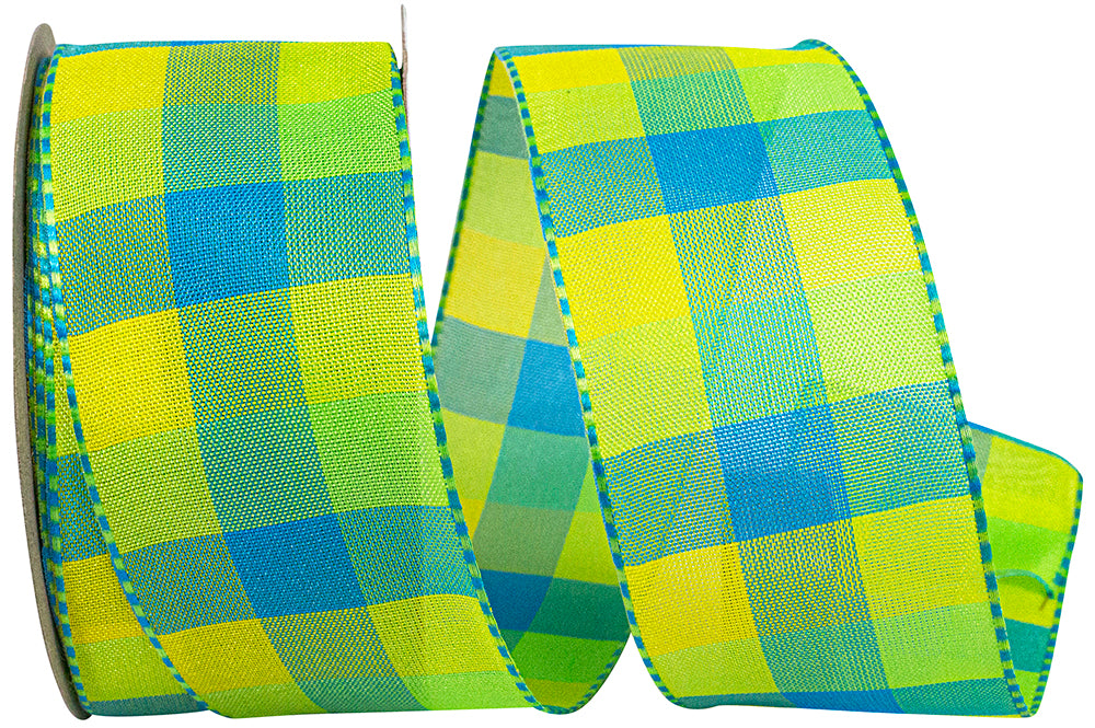 Wired Edge Blue Green Plaid Ribbon 1-1/2 Inch for Bows