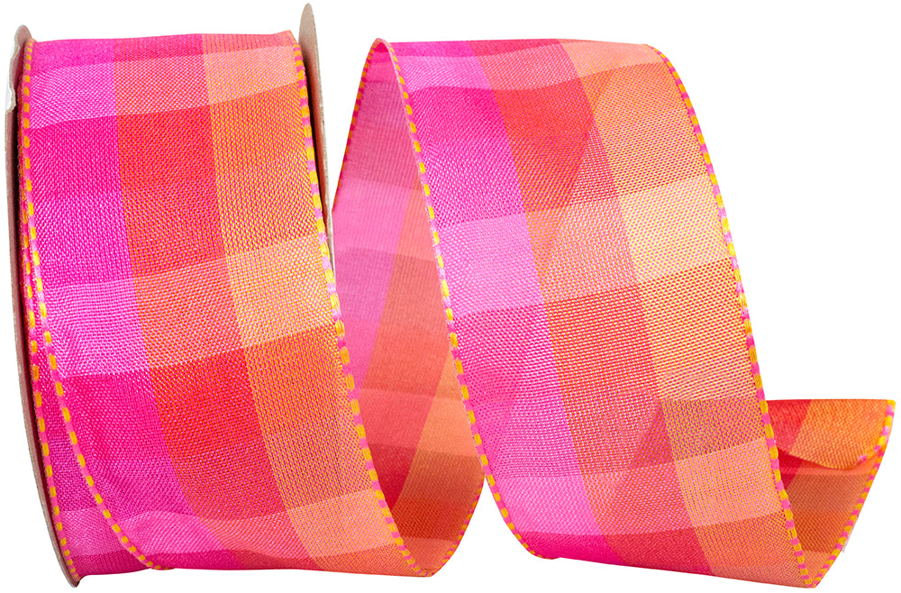 Wired Edge Ribbon Pink Orange 1-1/2 Inch Plaid Francesa