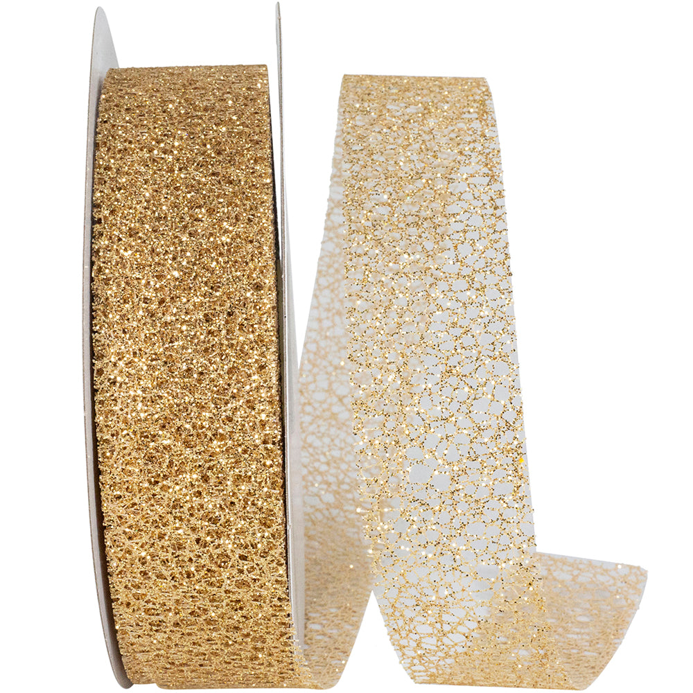 Gold Glitter Web Mesh Ribbon 1-1/2 Inch for Wreaths