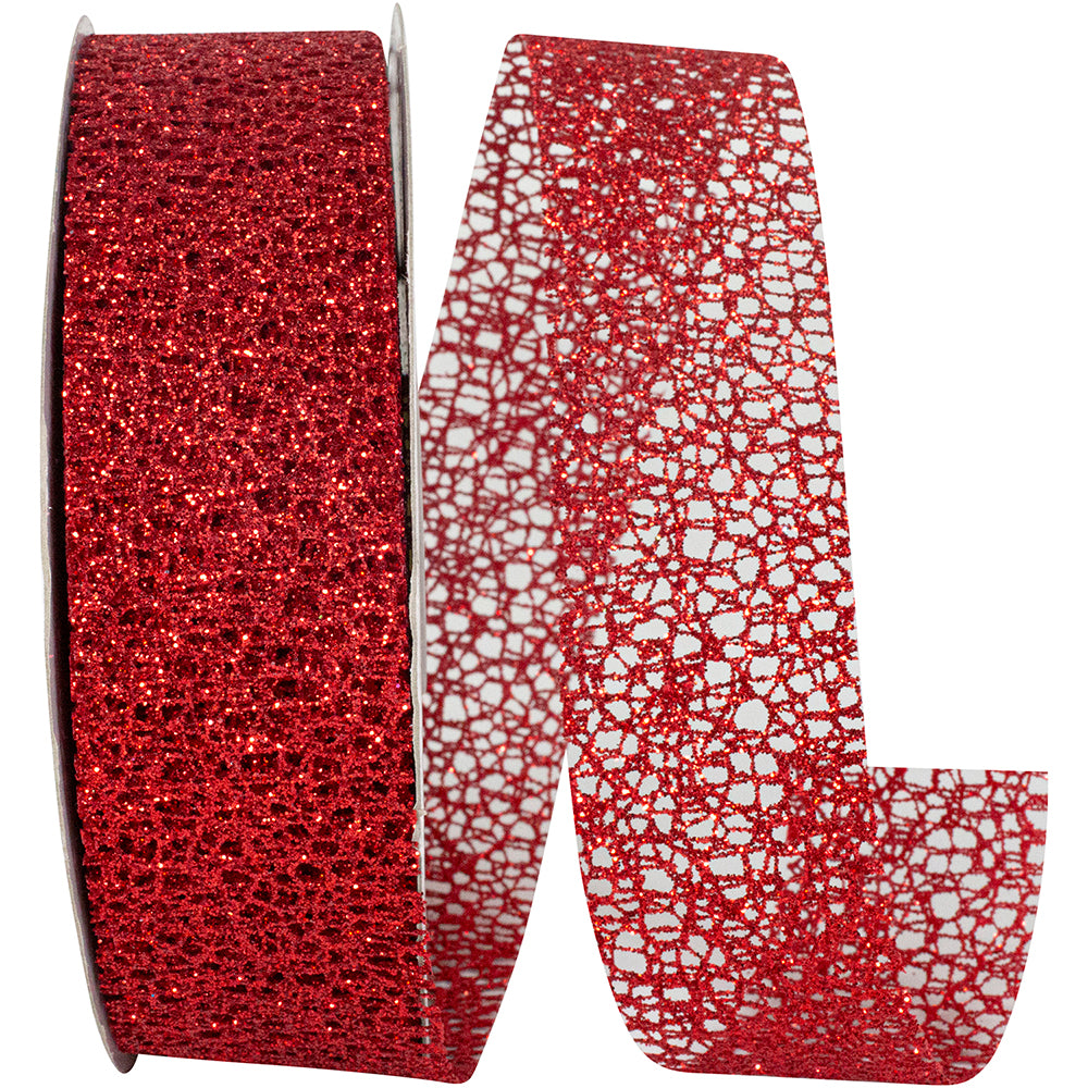 Red Glitter Web Mesh Ribbon 1-1/2 Inch for Wreaths