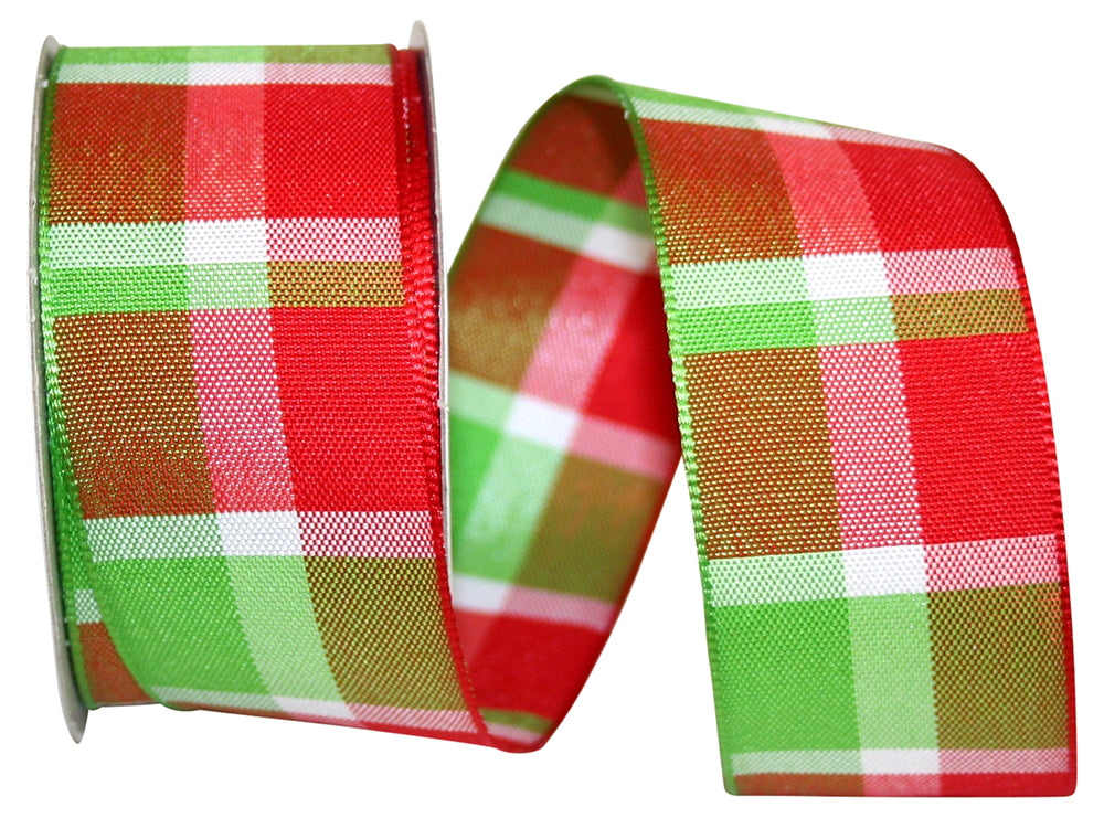 Woven Plaid Wired Edge Ribbon Red Lime 1-1/2 Inch 10 Yards