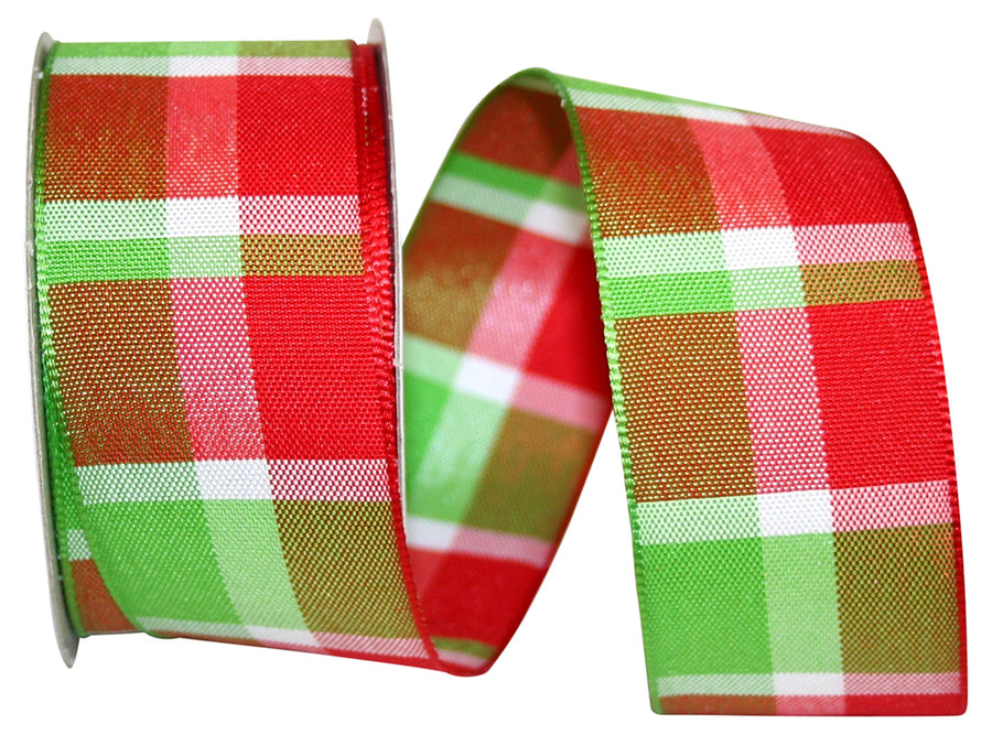 Woven Plaid Wired Edge Ribbon Red Lime 1-1/2 Inch 10Yds