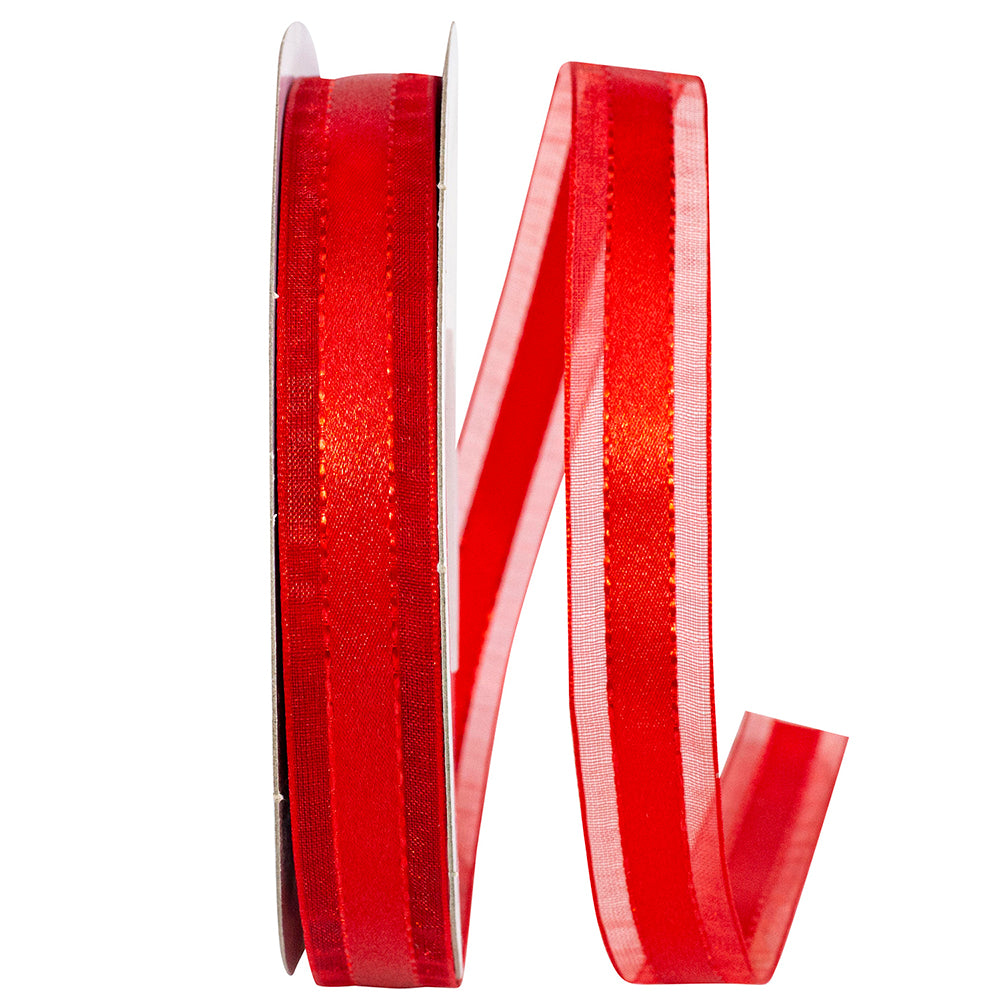 Red 5 8 Inch Satin Center Stitched Sheer Edge Ribbon for Wreaths & Bows