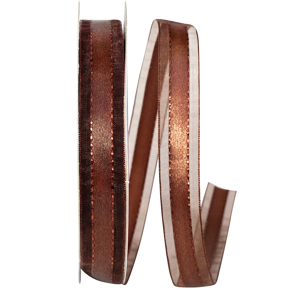 Brown 5 8 Inch Satin Center Stitched Sheer Edge Ribbon for Wreaths & Bows