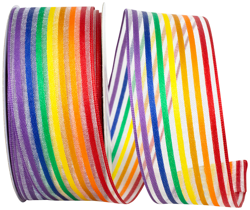 Rainbow 1-1 2 Inch Rainbow Sheer Stripes Woven Wired Edge Ribbon Rd for Wreaths & Bows