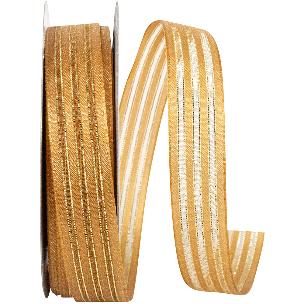 Gold Sparkle Satin and Sheer Stripes Ribbon 5/8 Inch