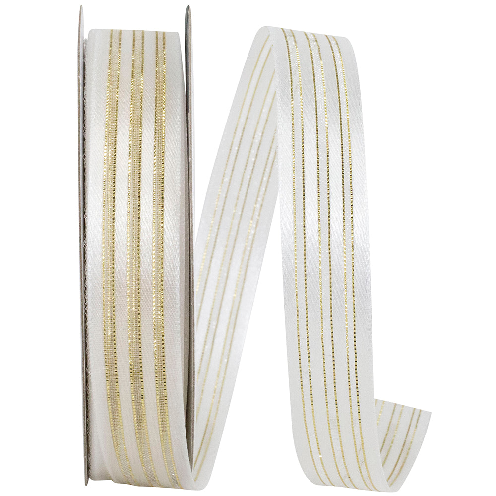 Sparkle Satin and Sheer Stripes Ribbon White Gold 5/8 Inch