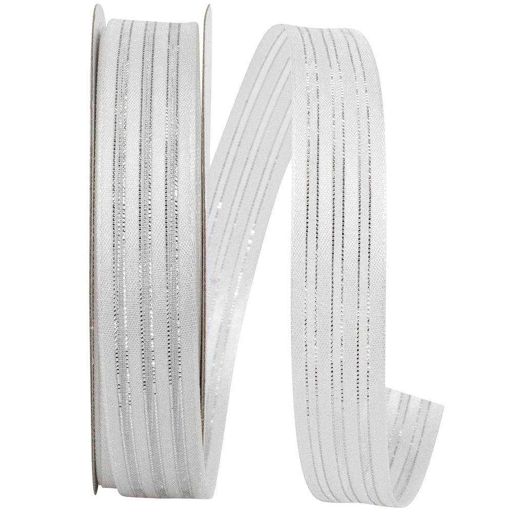 Sparkle Satin & Sheer Stripes Ribbon White Silver 5/8 Inch
