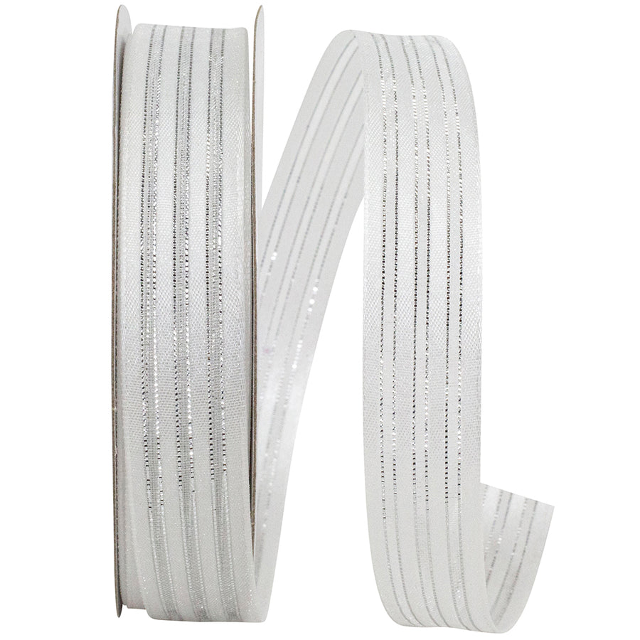 Sparkle Satin & Sheer Stripes Ribbon White Silver 5/8 Inch