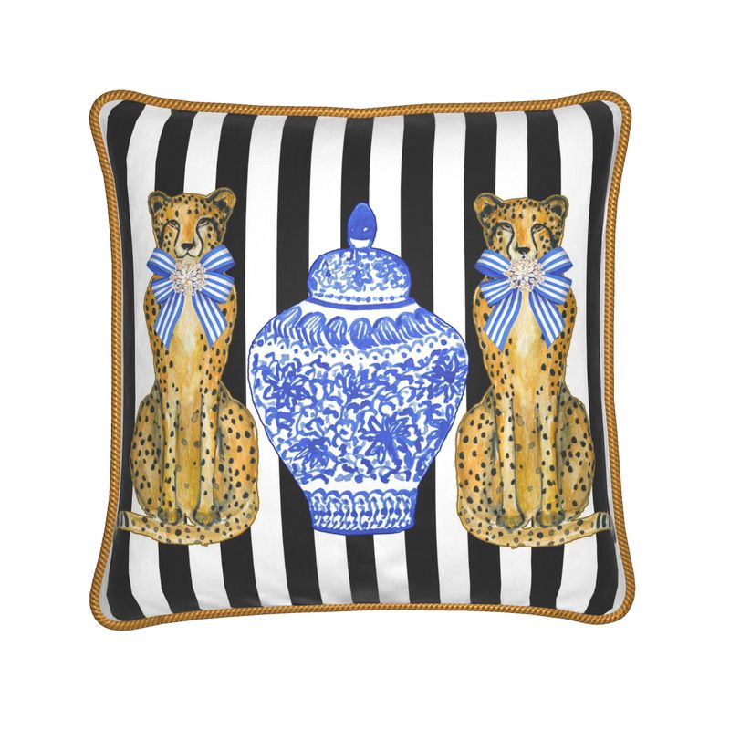 Cheetah Blue Chinoiserie Lg Silk Pillow