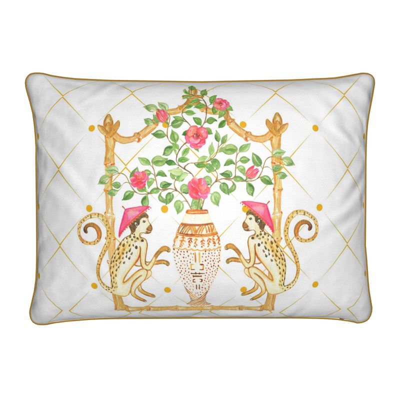 Pink & Gold Monkey Chinoiserie Sm Lumbar Pillow