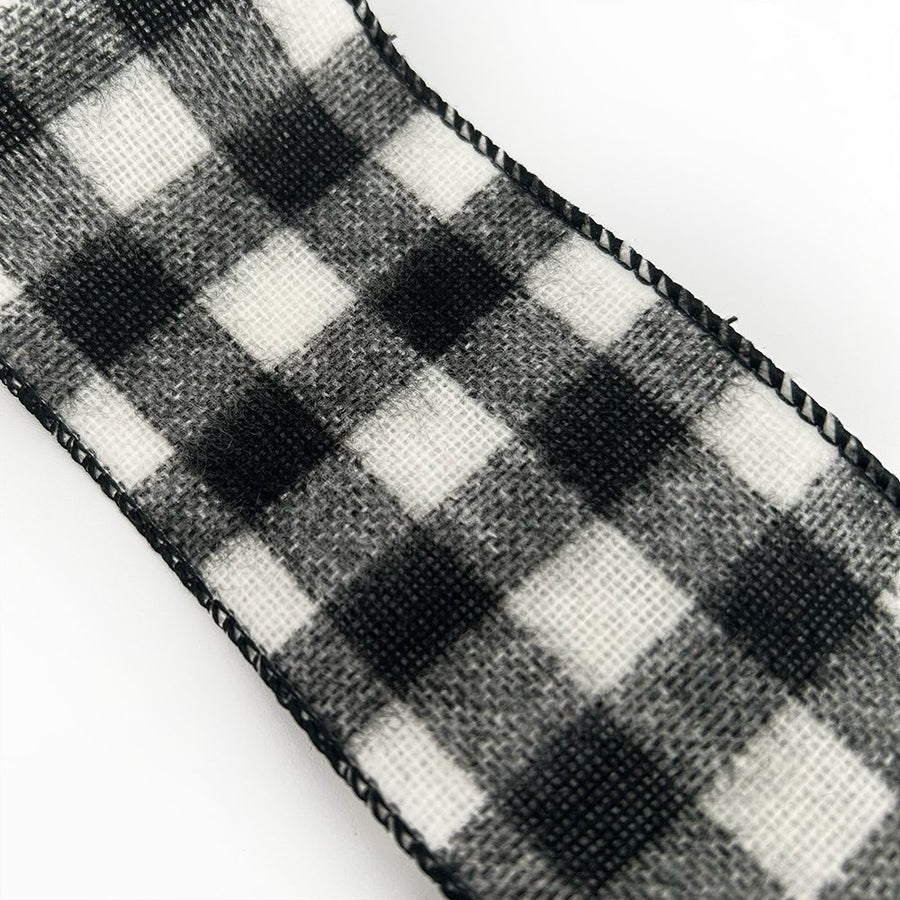 2.5″ Wired Black & White Brushed Buffalo Check Wired Ribbon
