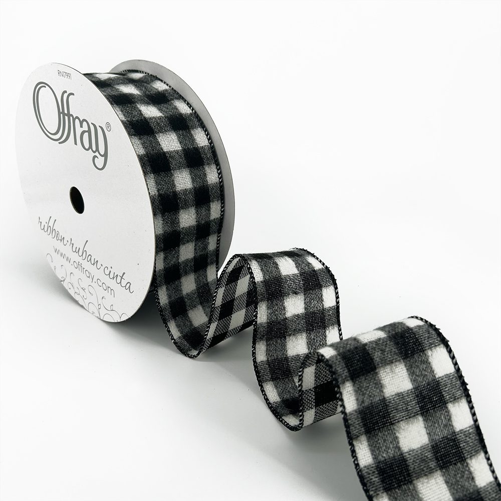 2.5″ Wired Black & White Brushed Buffalo Check Wired Ribbon – BUFFALOPLAID-25-Black and White