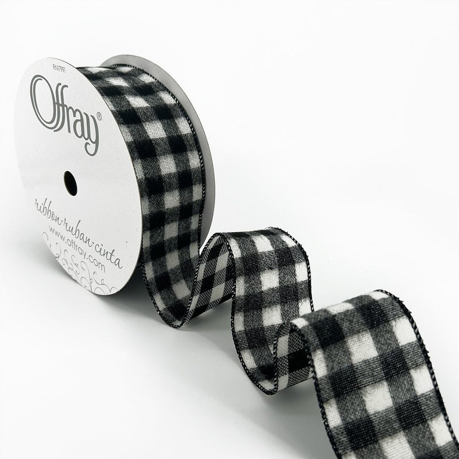 2.5″ Wired Black & White Brushed Buffalo Check Wired Ribbon – BUFFALOPLAID-25-Black and White