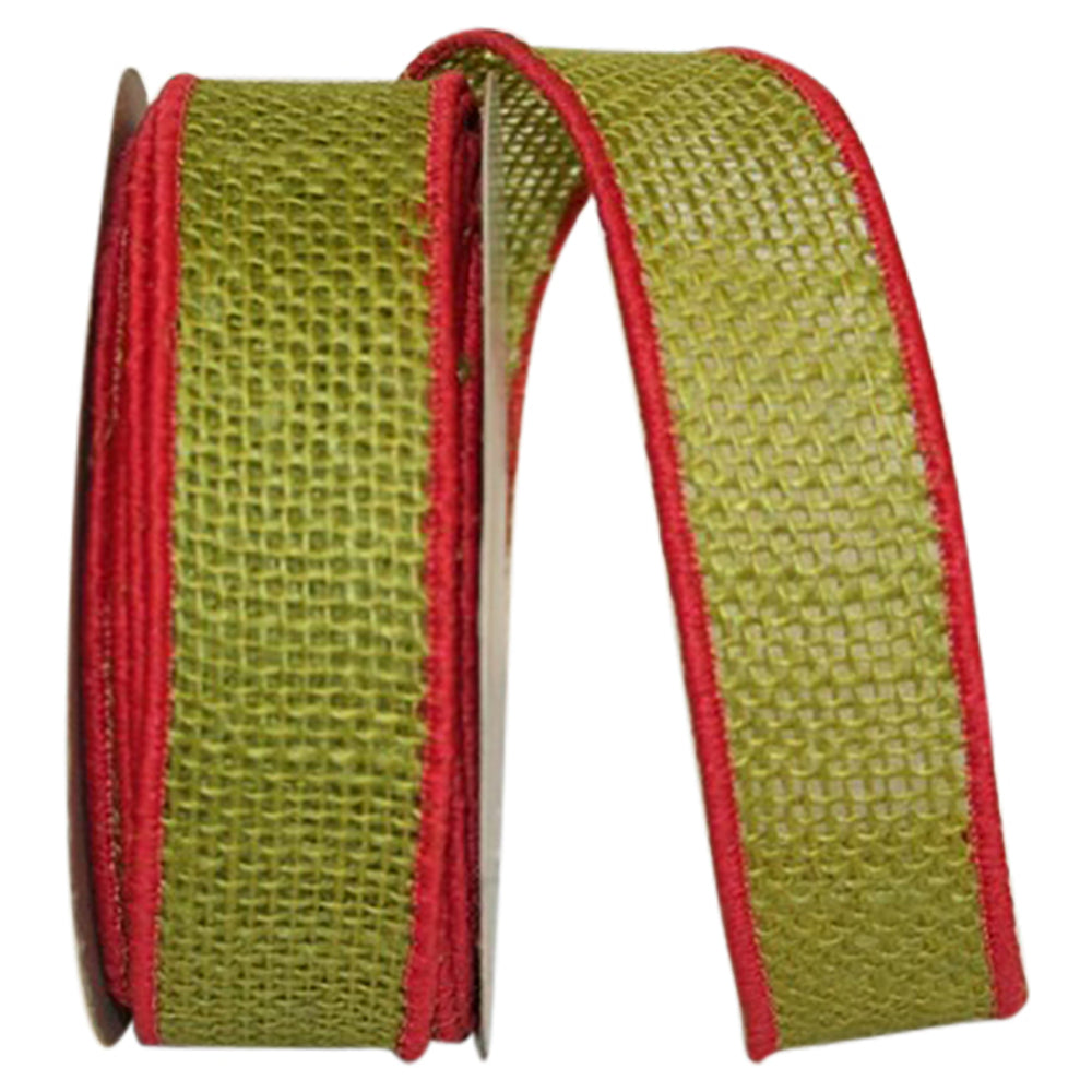 Burlap Wired Edge Ribbon 1-3/8 Inch Chartreuse Red 10 Yards