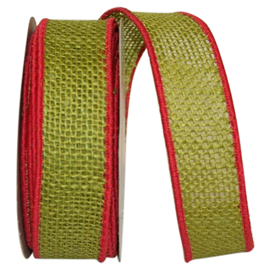 Burlap Wired Edge Ribbon 1-3/8 Inch Chartreuse Red 10Yds