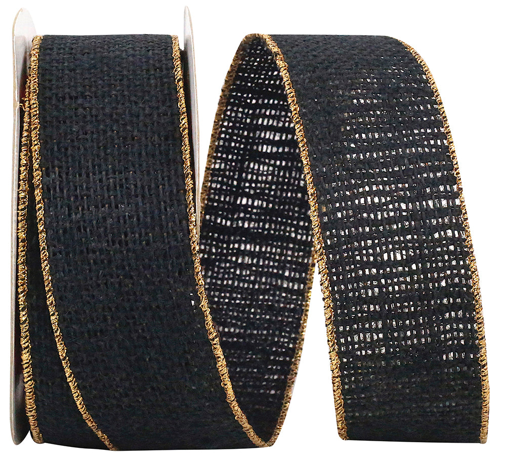 Black Burlap Wired Edge Ribbon 1-3/8 Inch Gold Edge