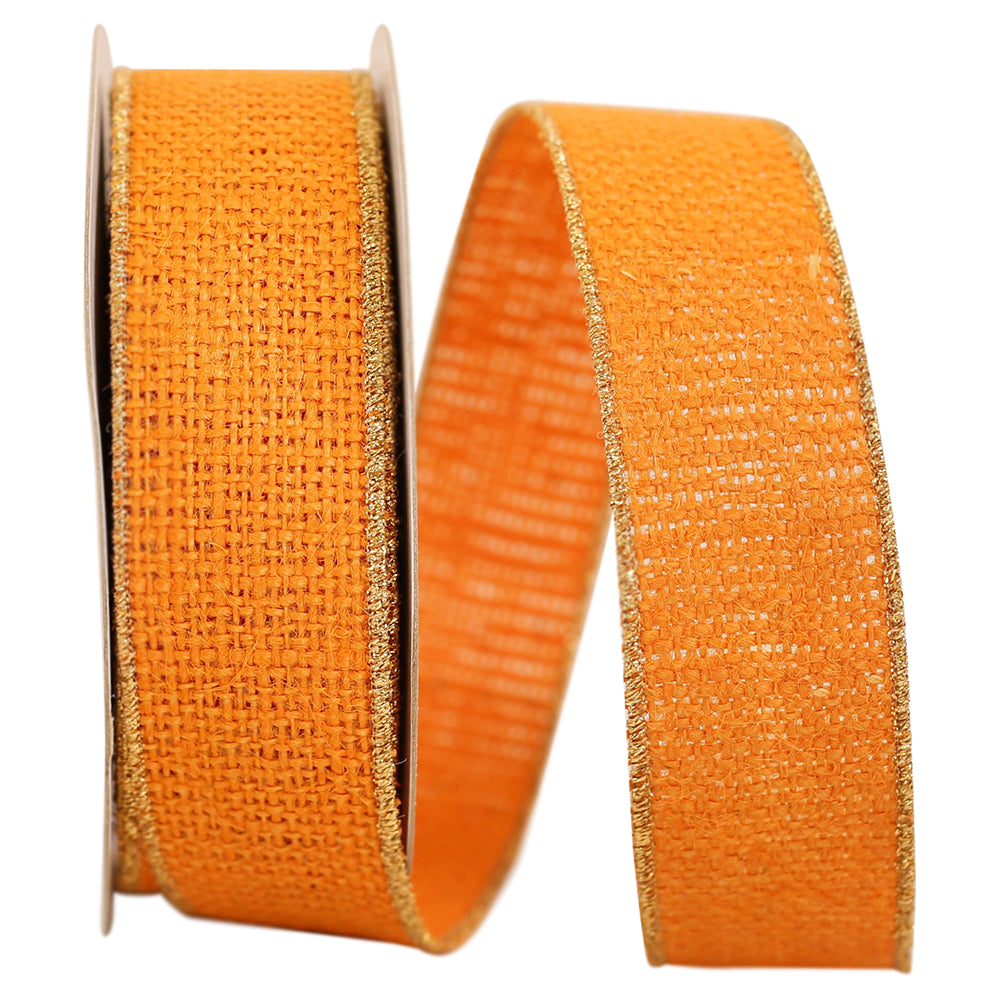 Burlap Wired Edge Ribbon Orange 1-3/8 Inch Gold Edge