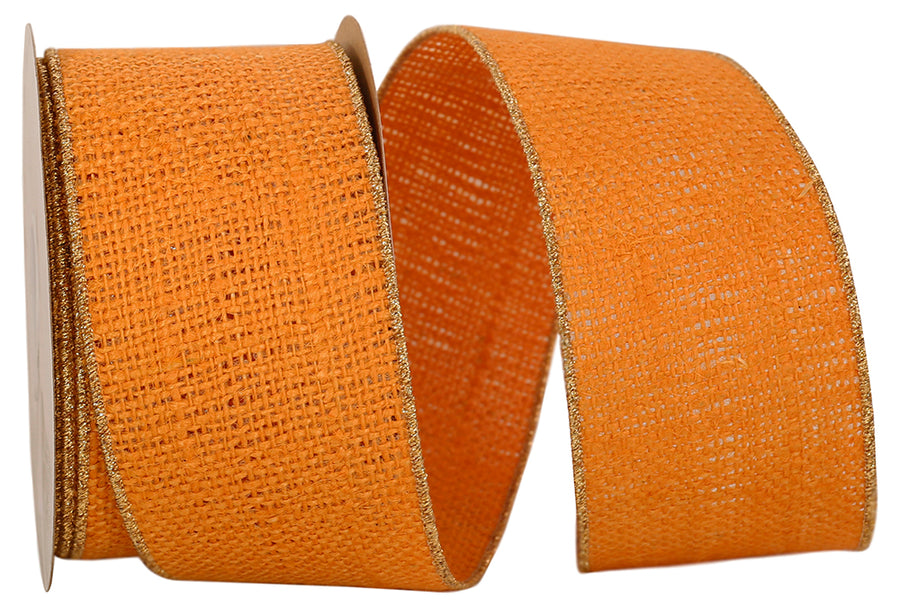 Orange Burlap Wired Edge Ribbon 2-1/2 Inch Gold Edge