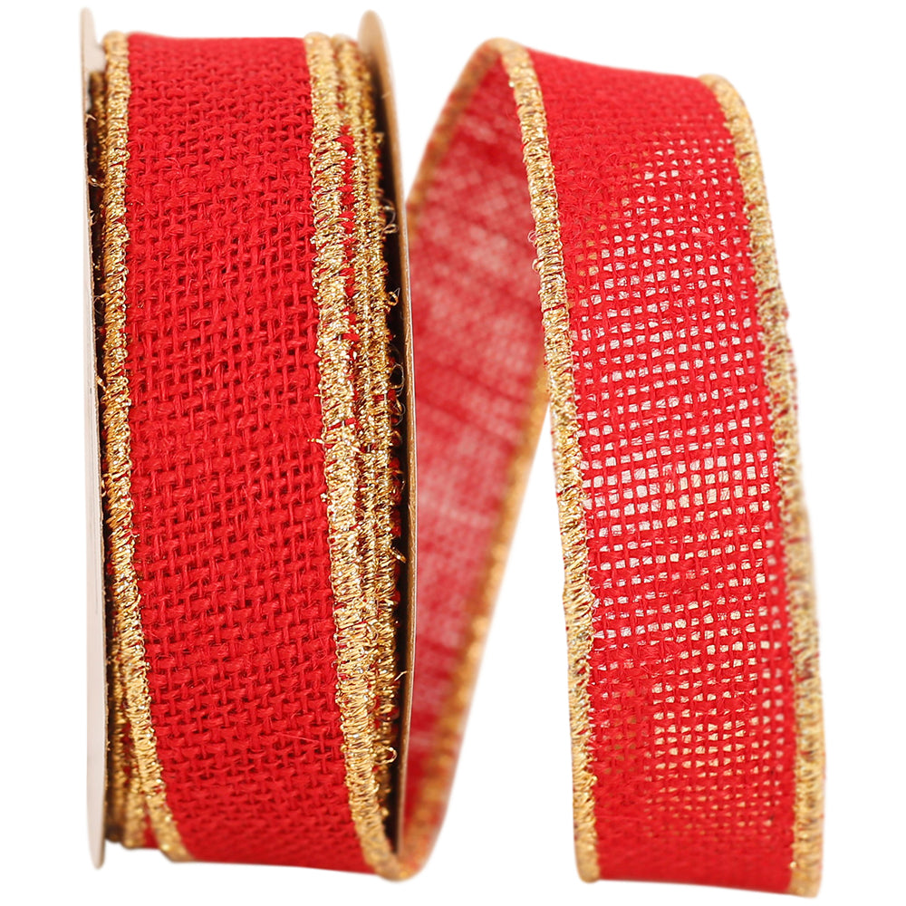 Red Burlap Wired Edge Ribbon 1-3/8 Inch Gold Edge