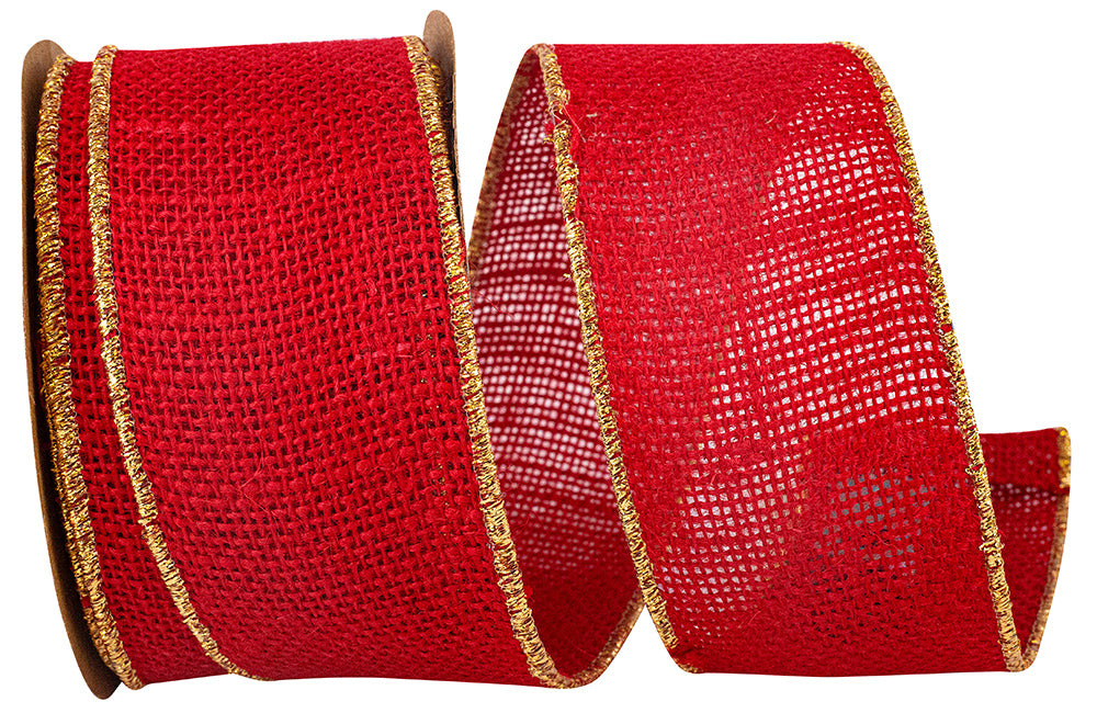 Red Burlap Wired Edge Ribbon 2-1/2 Inch Gold Edge