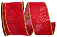 Red Burlap Wired Edge Ribbon 2-1/2 Inch Gold Edge