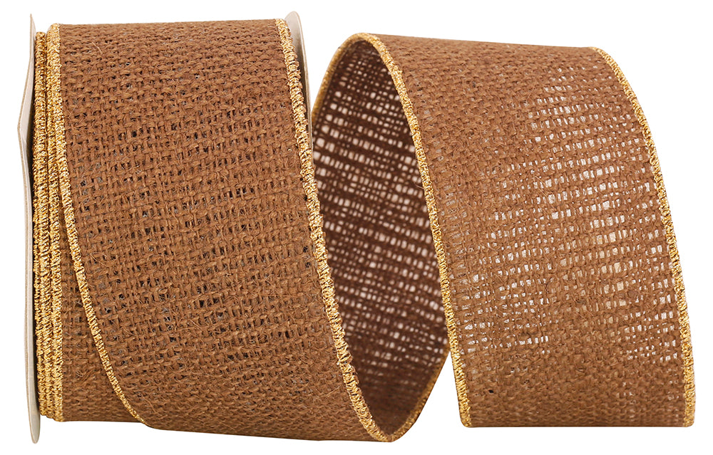 Brown Burlap Wired Edge Ribbon 2-1/2 Inch Gold Edge